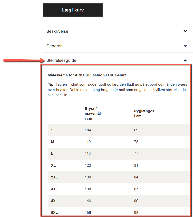 Viser hvor størrelsesguiden finnes