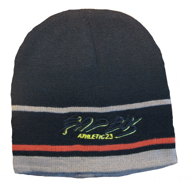 Strikket lue - svart m. striper (lys brun/oransje)