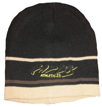 Strikket lue - svart m. striper (sand)